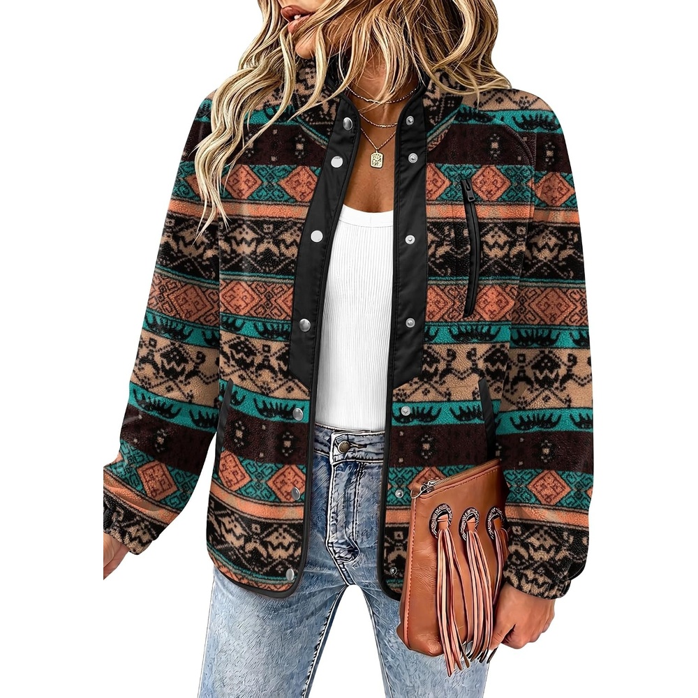 image:imageZeagoo Women Fleece Jacket Western Aztec Print Snap Button Down OuterwearBlack