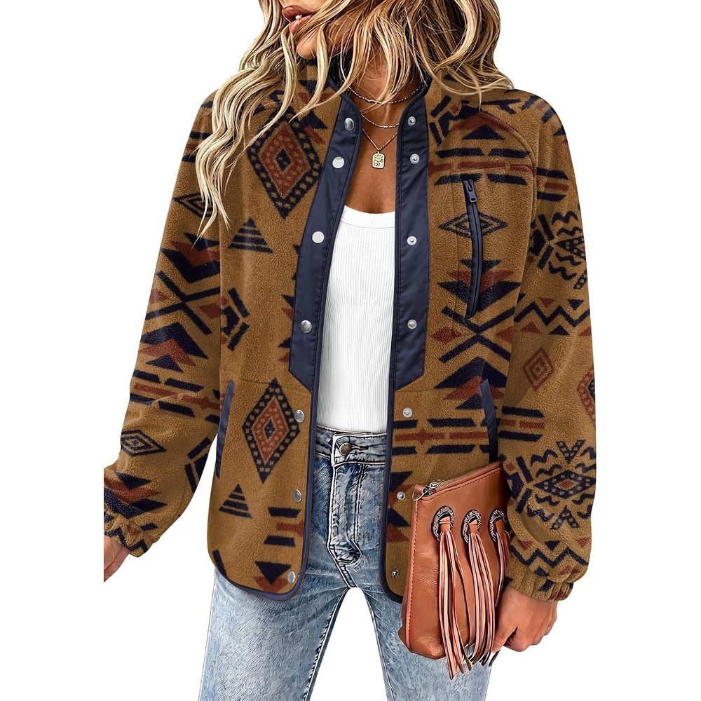 image:imageZeagoo Women Fleece Jacket Western Aztec Print Snap Button Down OuterwearBrown