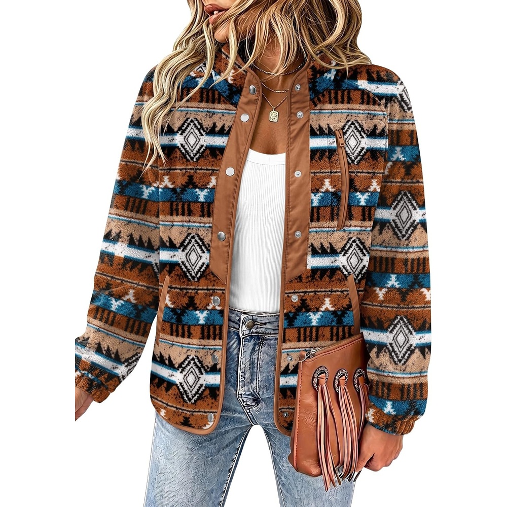 image:imageZeagoo Women Fleece Jacket Western Aztec Print Snap Button Down OuterwearDark Brown