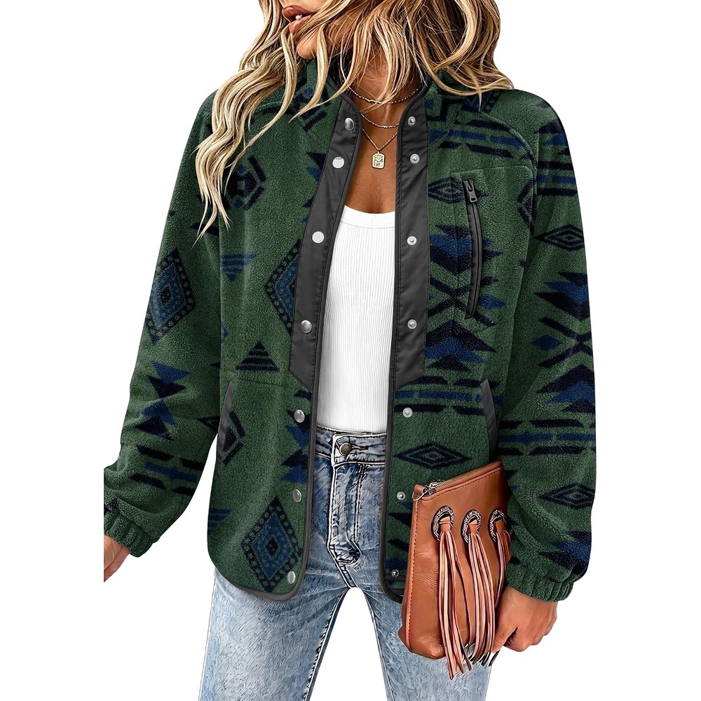 image:imageZeagoo Women Fleece Jacket Western Aztec Print Snap Button Down OuterwearDark Green
