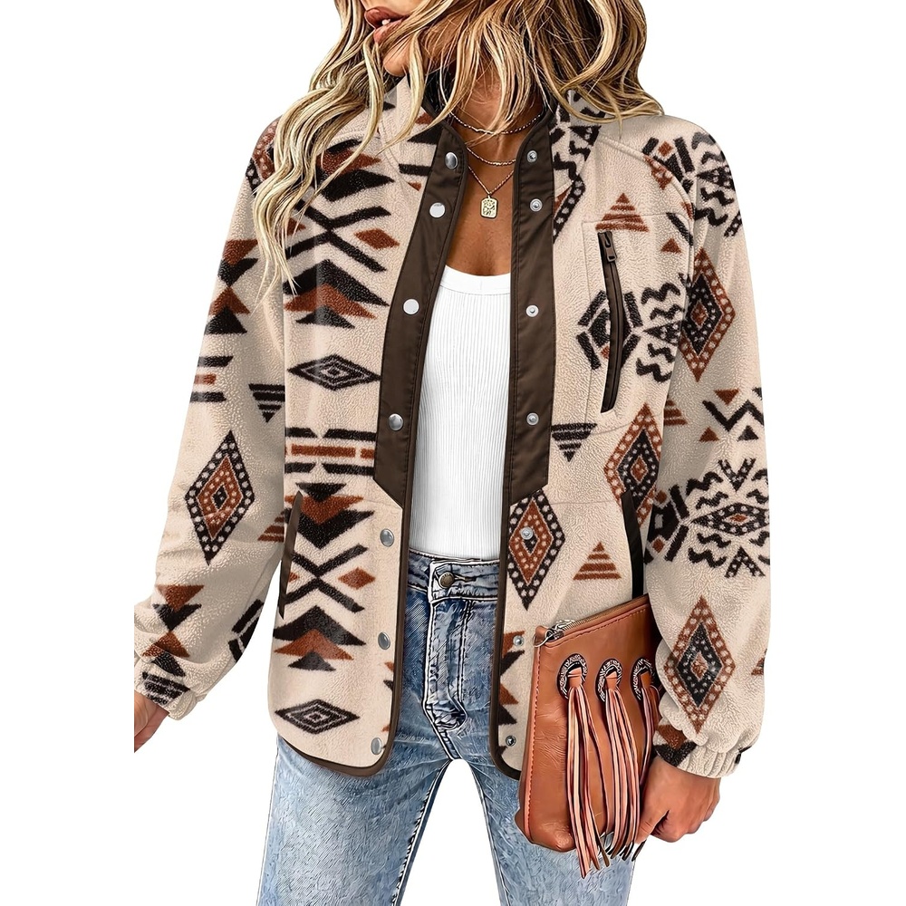 image:imageZeagoo Women Fleece Jacket Western Aztec Print Snap Button Down OuterwearKhaki