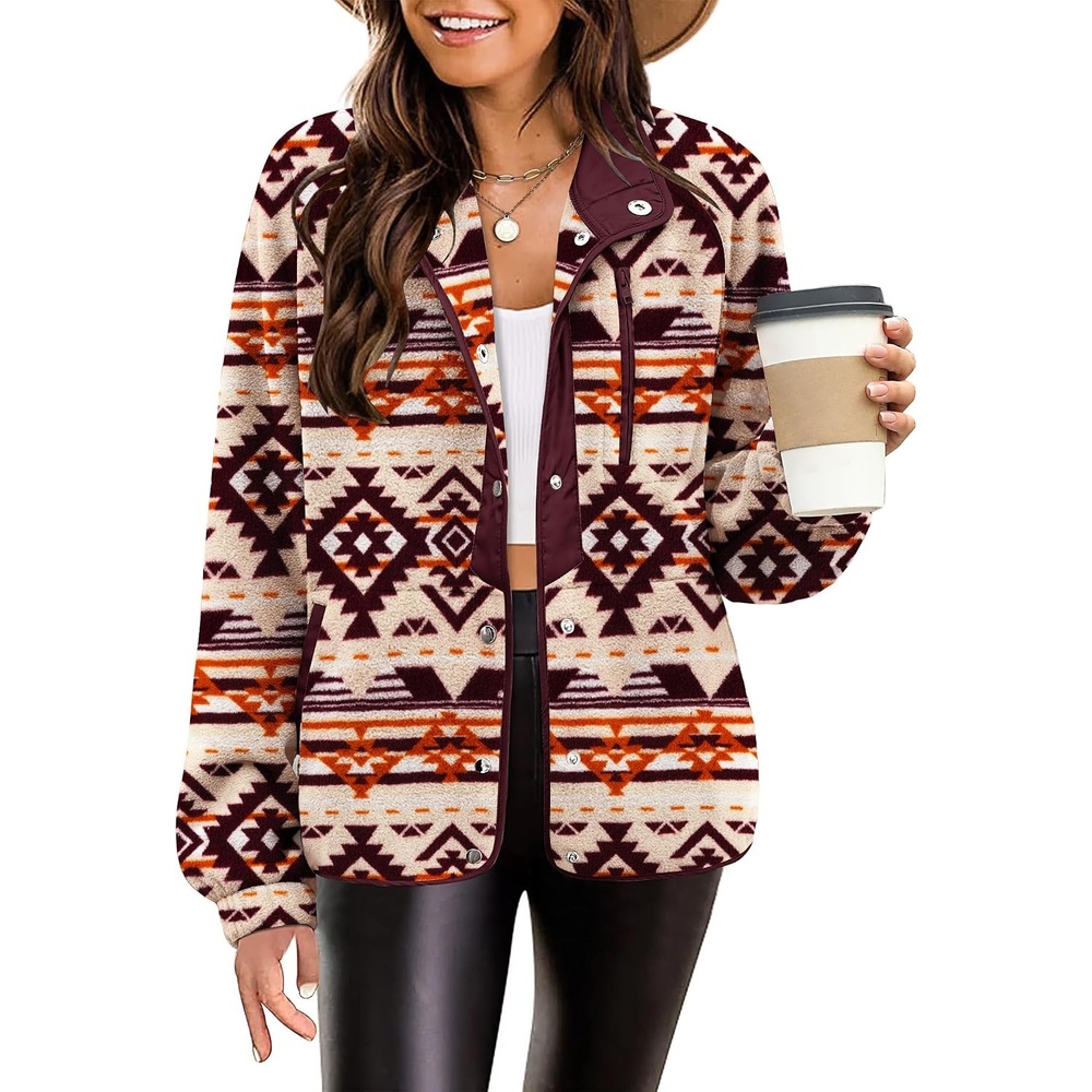 image:imageZeagoo Women Fleece Jacket Western Aztec Print Snap Button Down OuterwearKhaki Pattern