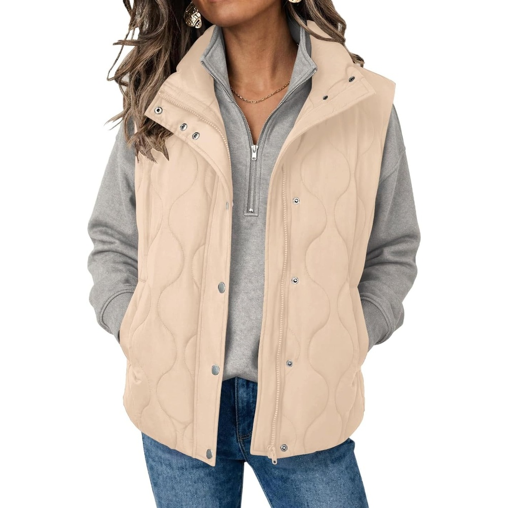 image:imageZeagoo Women Oversized Puffer Vest Stand Collar Zip Up Sleeveless OuterwearBeige