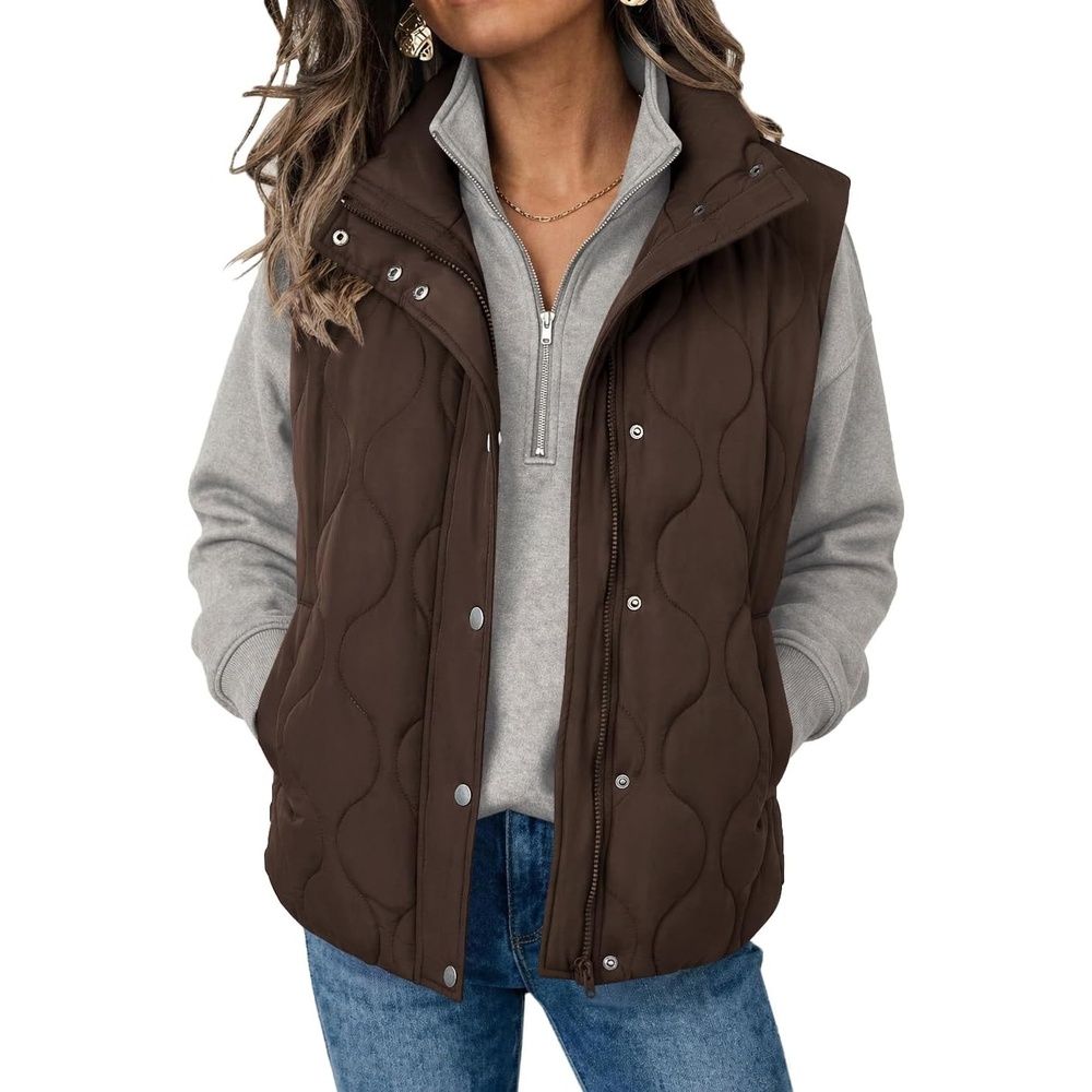 image:imageZeagoo Women Oversized Puffer Vest Stand Collar Zip Up Sleeveless OuterwearBrown