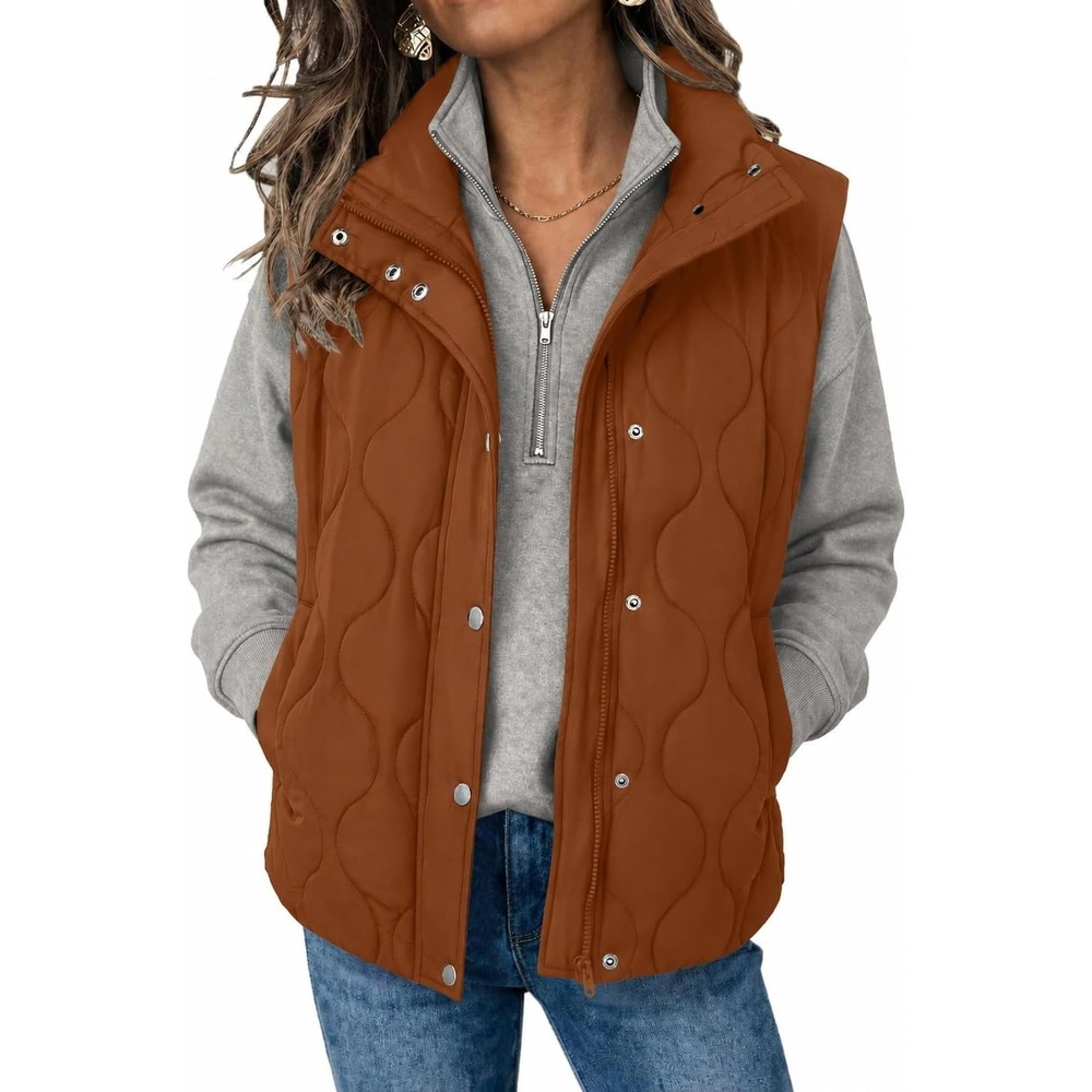 image:imageZeagoo Women Oversized Puffer Vest Stand Collar Zip Up Sleeveless OuterwearCamel