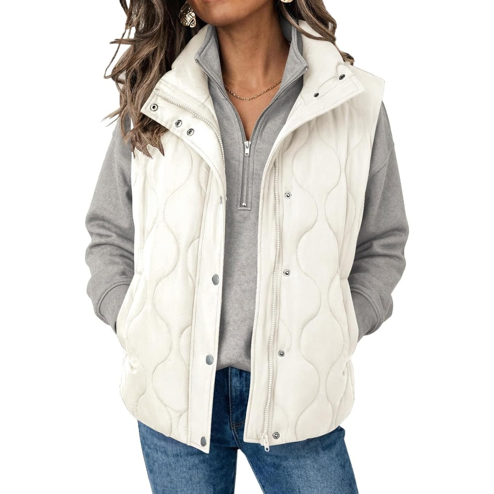 image:imageZeagoo Women Oversized Puffer Vest Stand Collar Zip Up Sleeveless OuterwearOffwhite