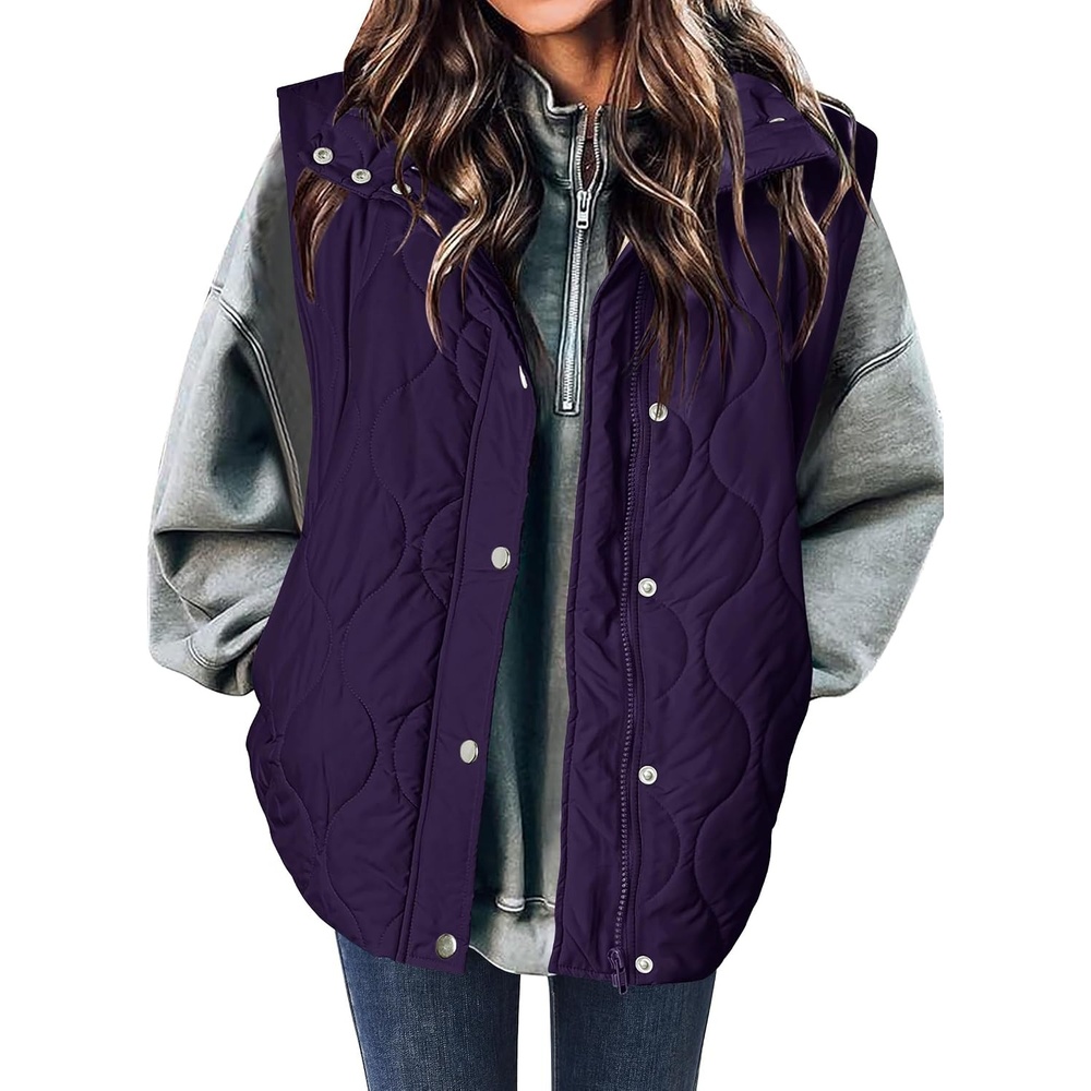 image:imageZeagoo Women Oversized Puffer Vest Stand Collar Zip Up Sleeveless OuterwearPurple