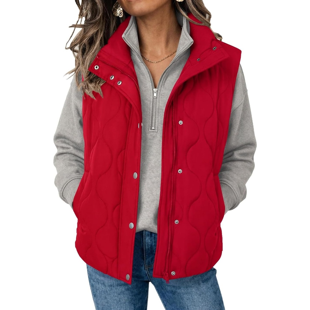 image:imageZeagoo Women Oversized Puffer Vest Stand Collar Zip Up Sleeveless OuterwearRed