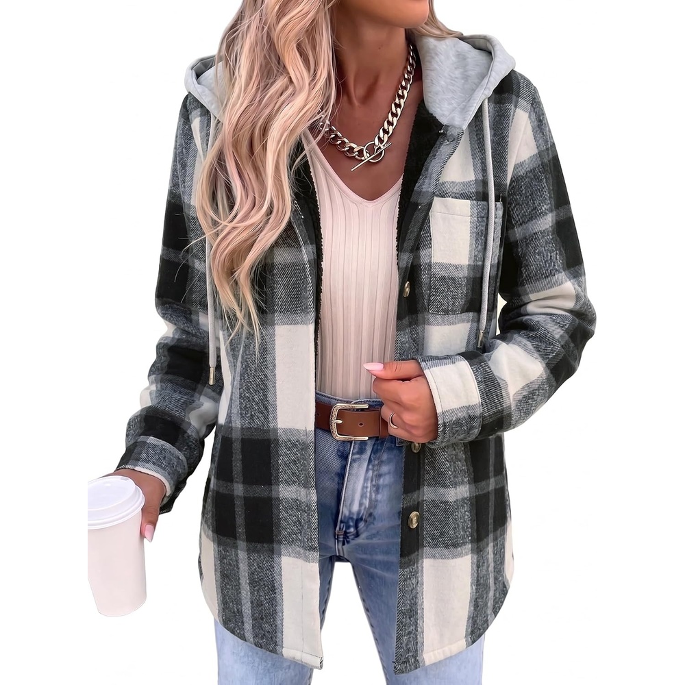 image:imageZeagoo Women Plaid Shacket Fleece Hooded Winter Coat Warm JacketsBlack