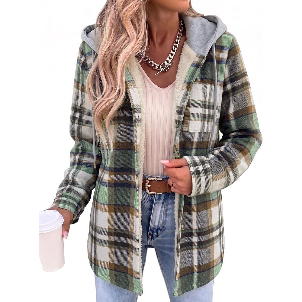 image:imageZeagoo Women Plaid Shacket Fleece Hooded Winter Coat Warm JacketsGreen