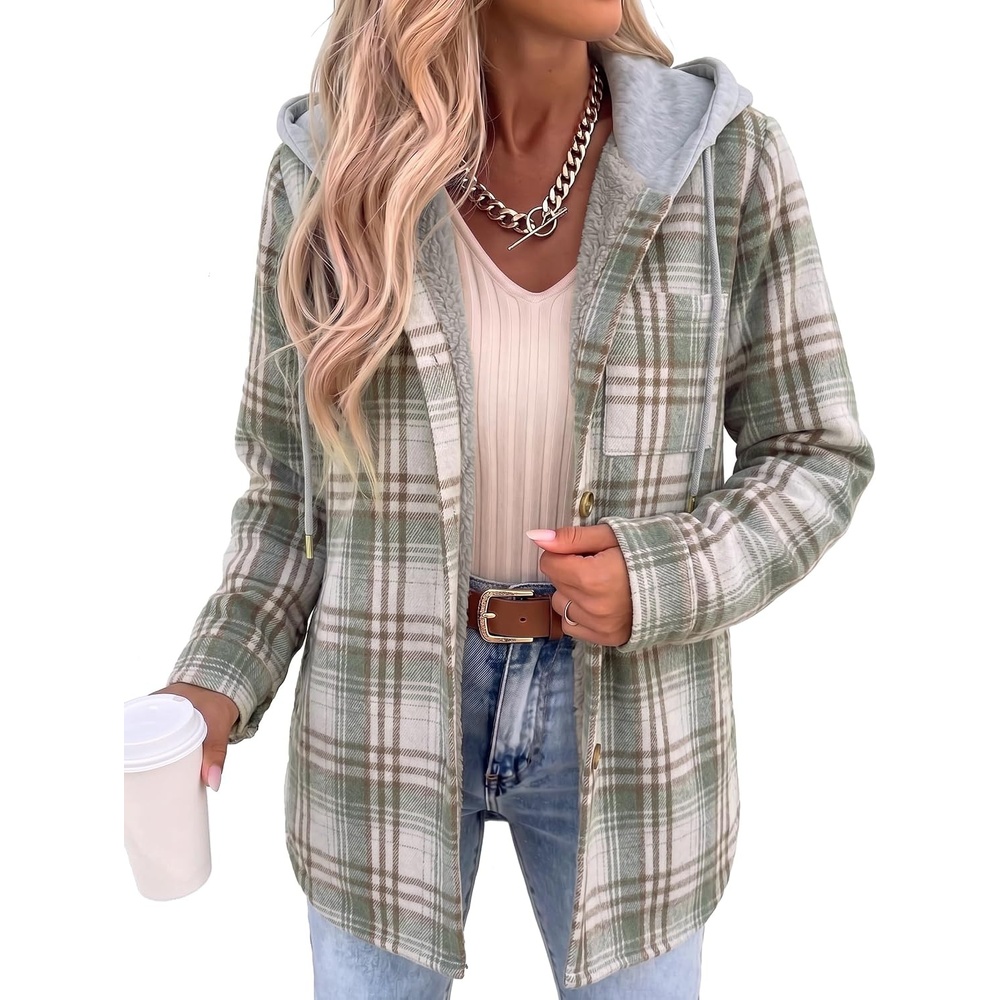 image:imageZeagoo Women Plaid Shacket Fleece Hooded Winter Coat Warm JacketsGrey