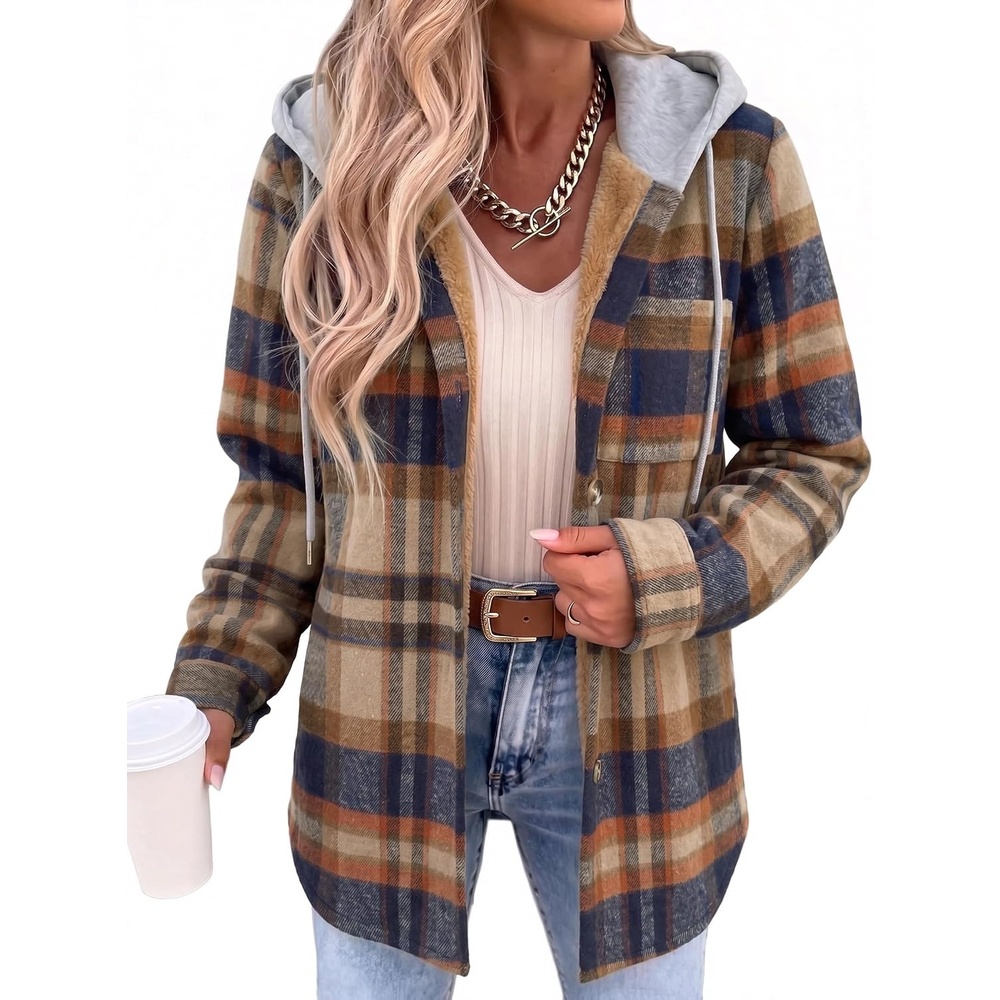 image:imageZeagoo Women Plaid Shacket Fleece Hooded Winter Coat Warm JacketsLight French Beige