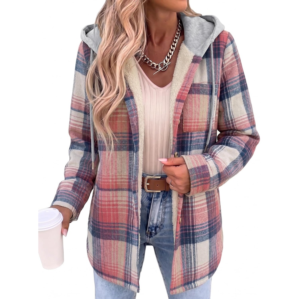 image:imageZeagoo Women Plaid Shacket Fleece Hooded Winter Coat Warm JacketsPink