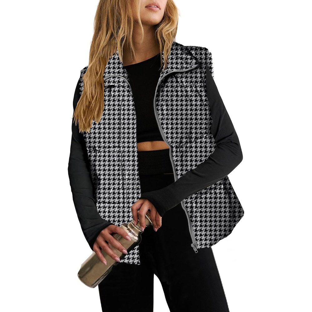 image:imageZeagoo Women Puffer Vest Lightweight Stand Collar Sleeveless Winter Warm Zip Up Padded Outerwear Jackets with Pockets SXXLBlack White Plaid