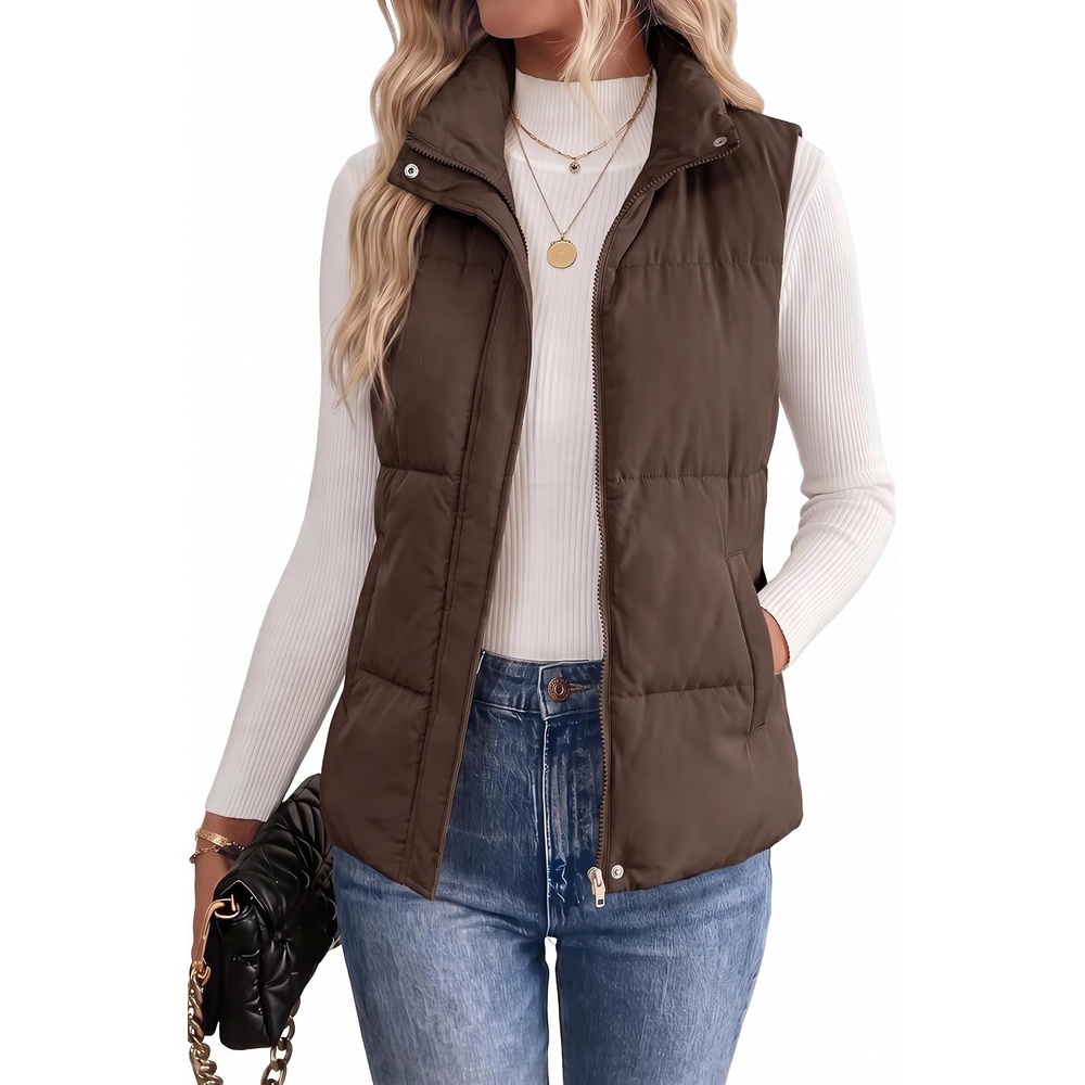 image:imageZeagoo Women Puffer Vest Lightweight Stand Collar Sleeveless Winter Warm Zip Up Padded Outerwear Jackets with Pockets SXXLDark Brown