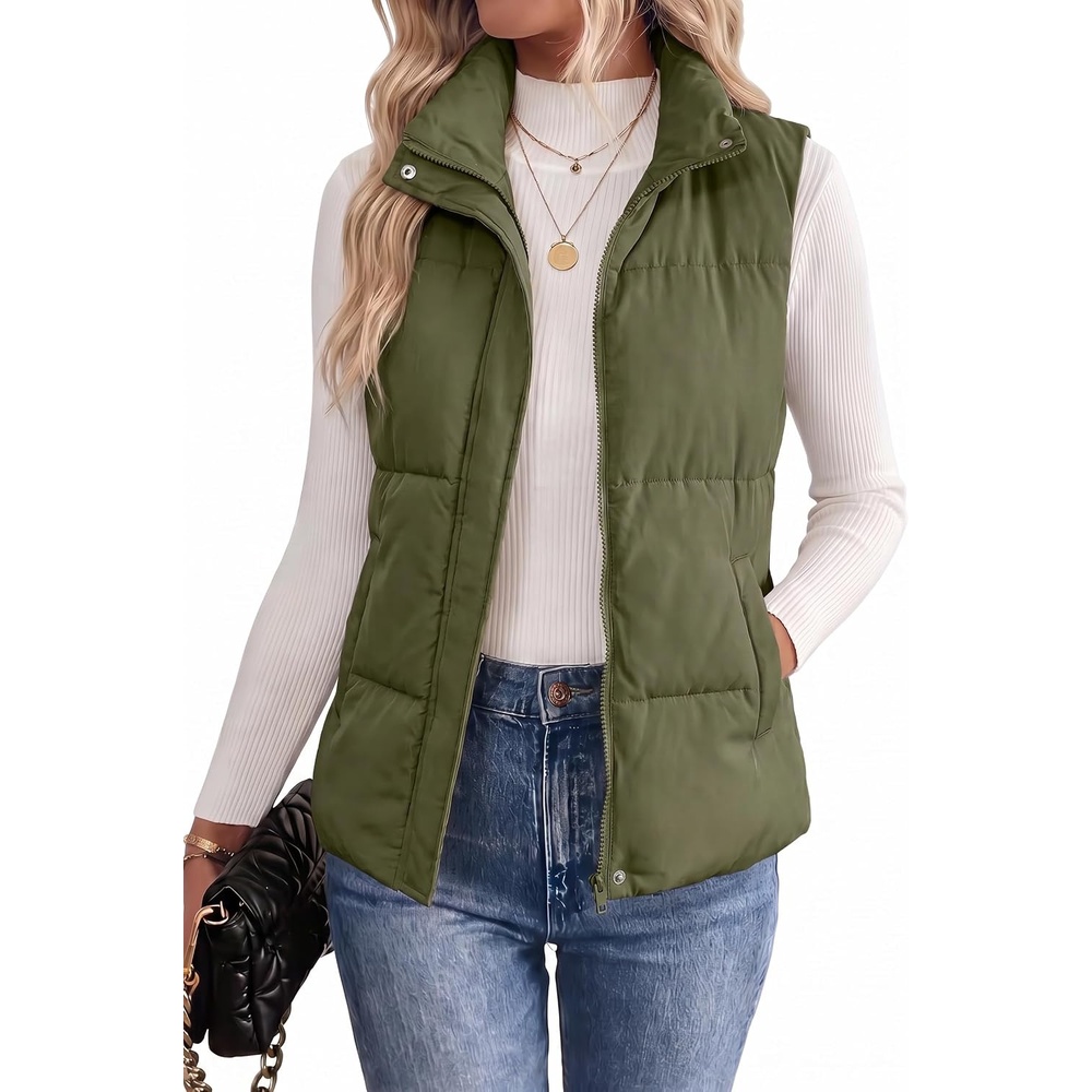 image:imageZeagoo Women Puffer Vest Lightweight Stand Collar Sleeveless Winter Warm Zip Up Padded Outerwear Jackets with Pockets SXXLOlive
