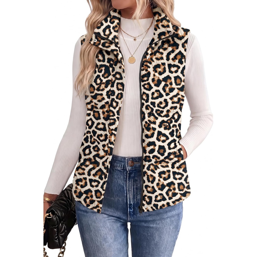 image:imageZeagoo Women Puffer Vest Lightweight Stand Collar Sleeveless Winter Warm Zip Up Padded Outerwear Jackets with Pockets SXXLWhite Brown Black Leopard