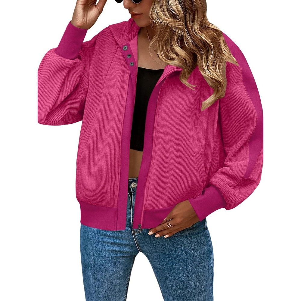 image:imageZeagoo Womens Corduroy Knit Hoodies Zip Up Shirt Jacket Slouchy Short Jackets Casual Long Sleeve Shackets