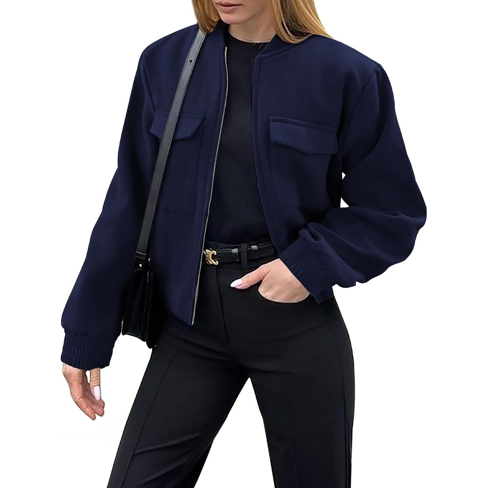 image:imageZeagoo Womens Cropped Jacket Stand Collar Long Sleeve Zip Up Shackets Bomber Jacket Coats with PocketsNavy Blue