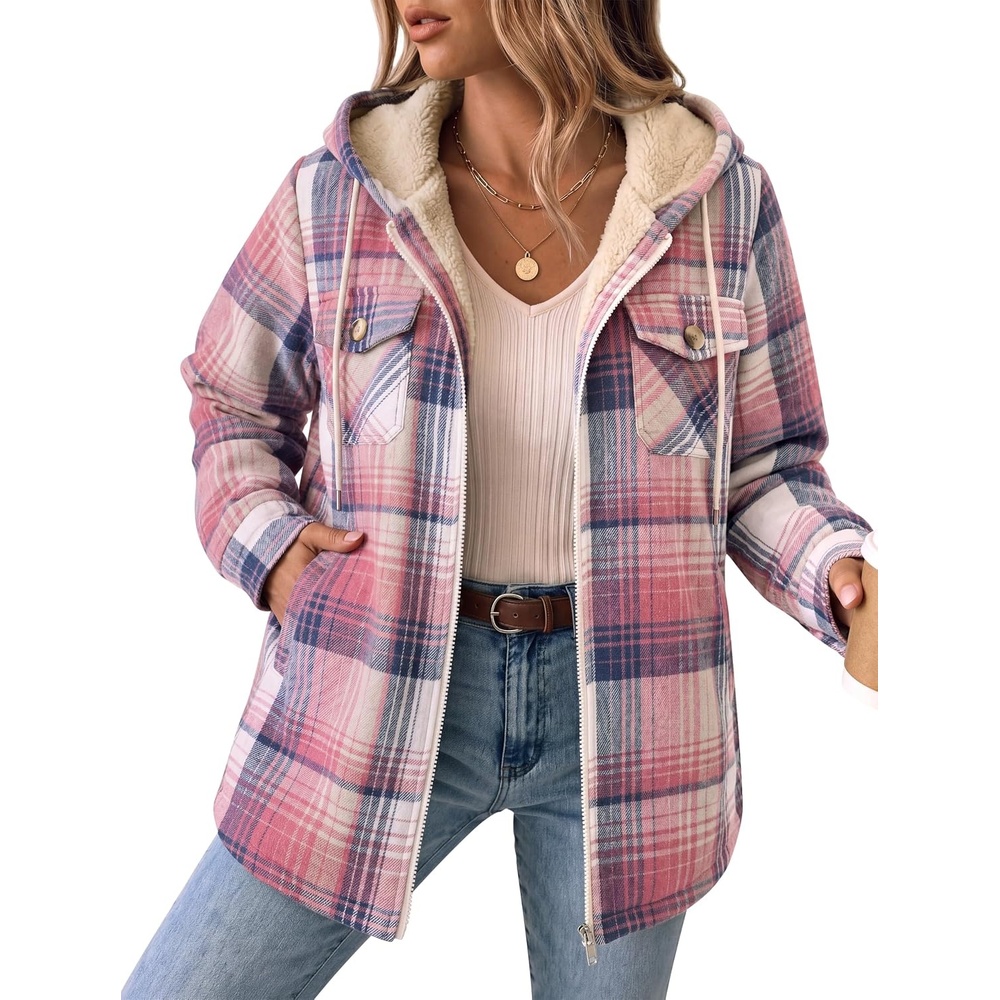 image:imageZeagoo Womens Flannel Jacket Plaid Fleece Lined Shacket Hooded Winter Coats1pink Gz877
