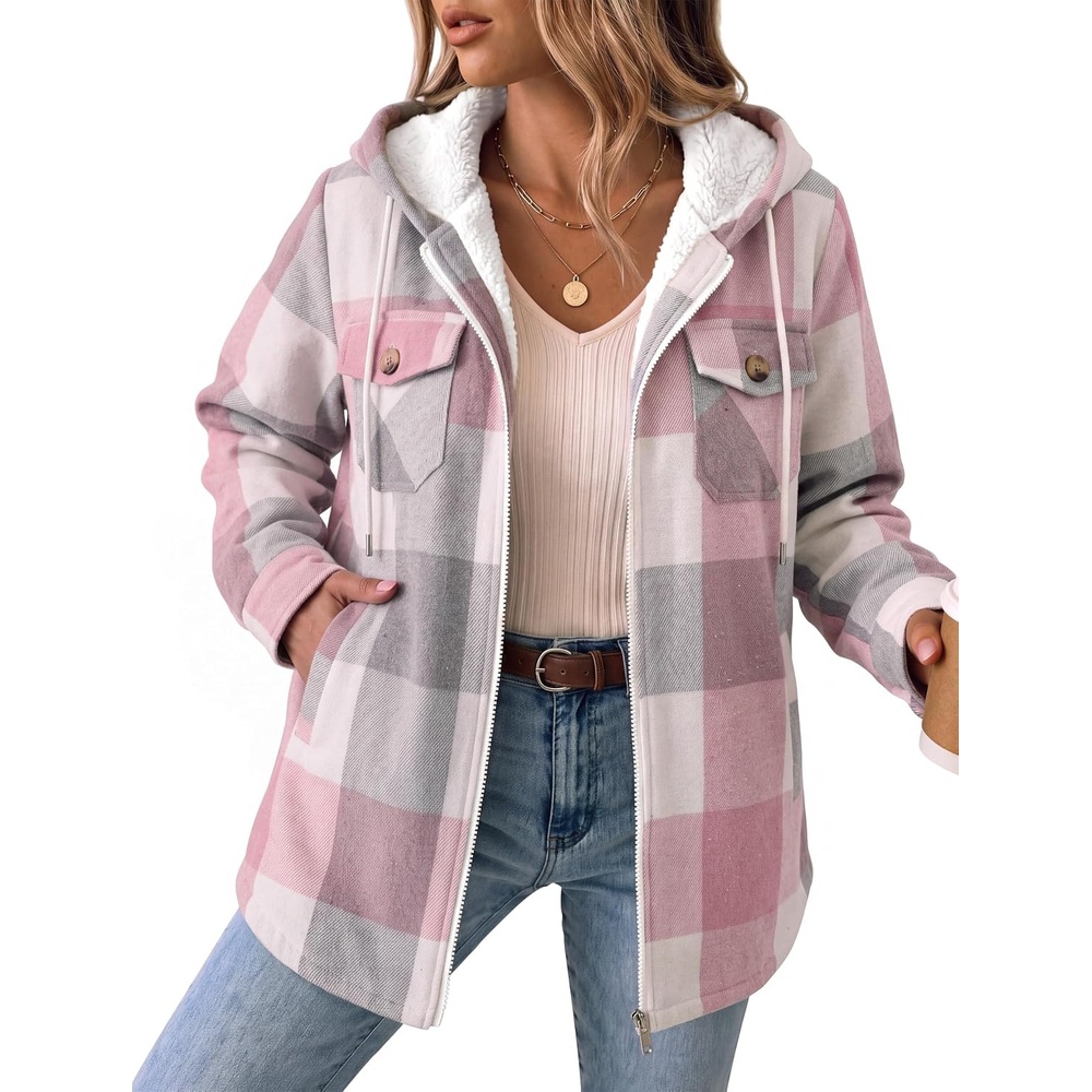 image:imageZeagoo Womens Flannel Jacket Plaid Fleece Lined Shacket Hooded Winter Coats2pink Gz695