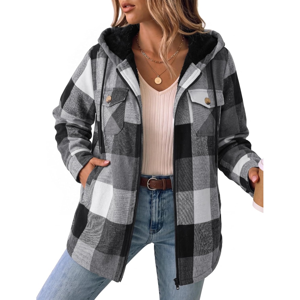 image:imageZeagoo Womens Flannel Jacket Plaid Fleece Lined Shacket Hooded Winter CoatsBlack Gw39