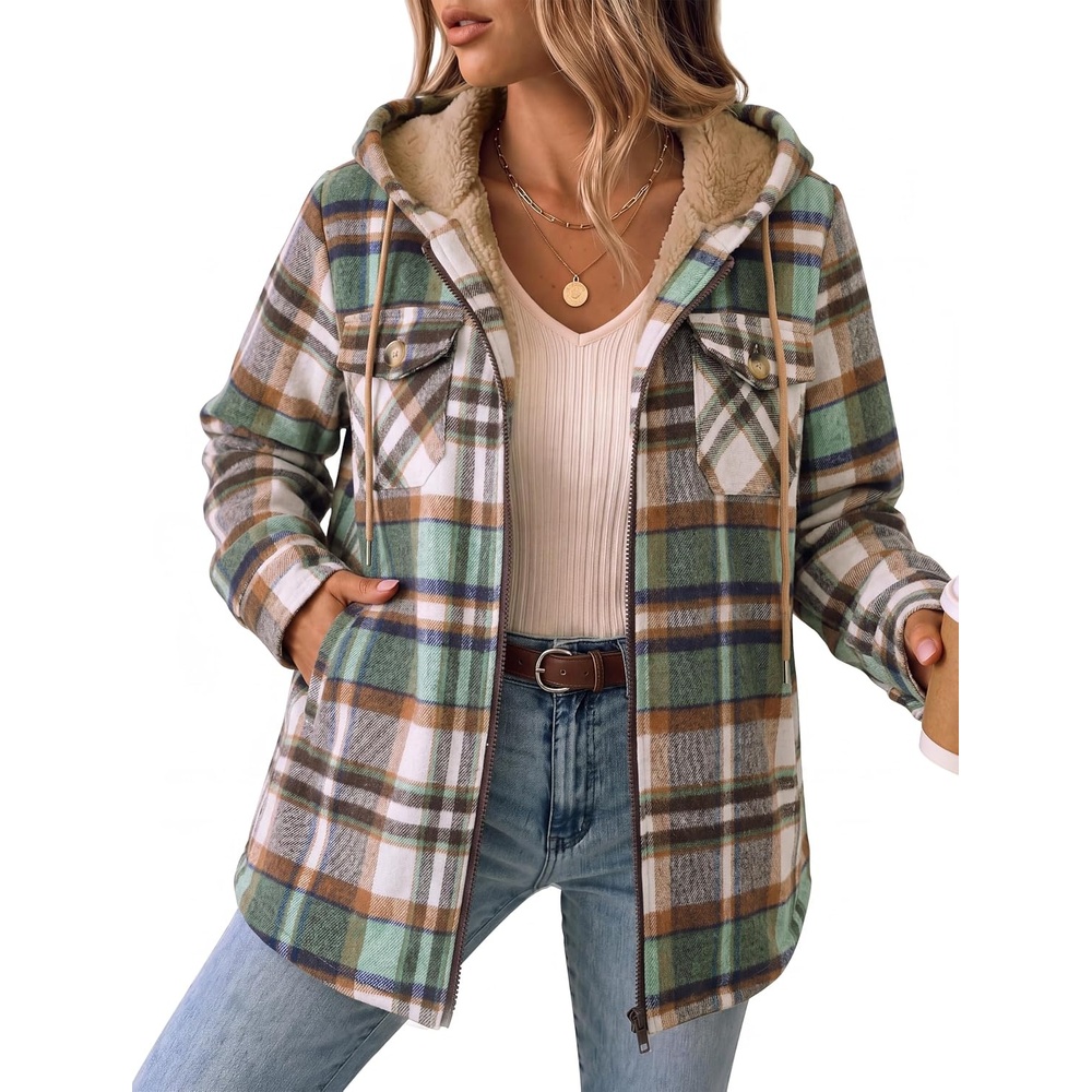image:imageZeagoo Womens Flannel Jacket Plaid Fleece Lined Shacket Hooded Winter CoatsGreen Gz552