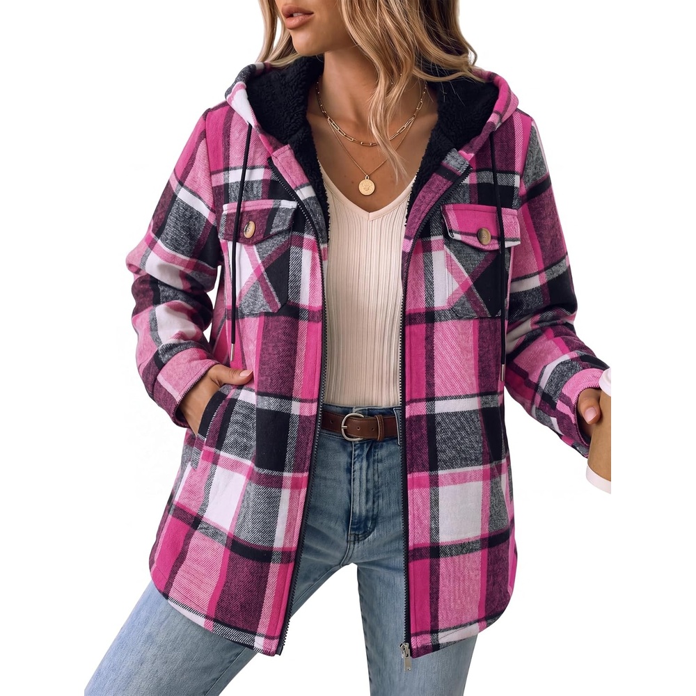 image:imageZeagoo Womens Flannel Jacket Plaid Fleece Lined Shacket Hooded Winter CoatsHot Pink Gz553