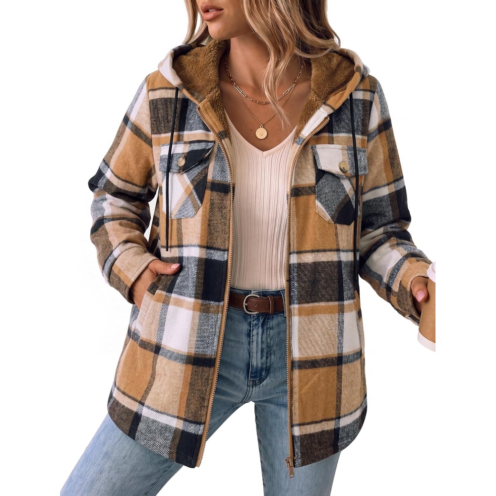 image:imageZeagoo Womens Flannel Jacket Plaid Fleece Lined Shacket Hooded Winter CoatsKhaki Gz539