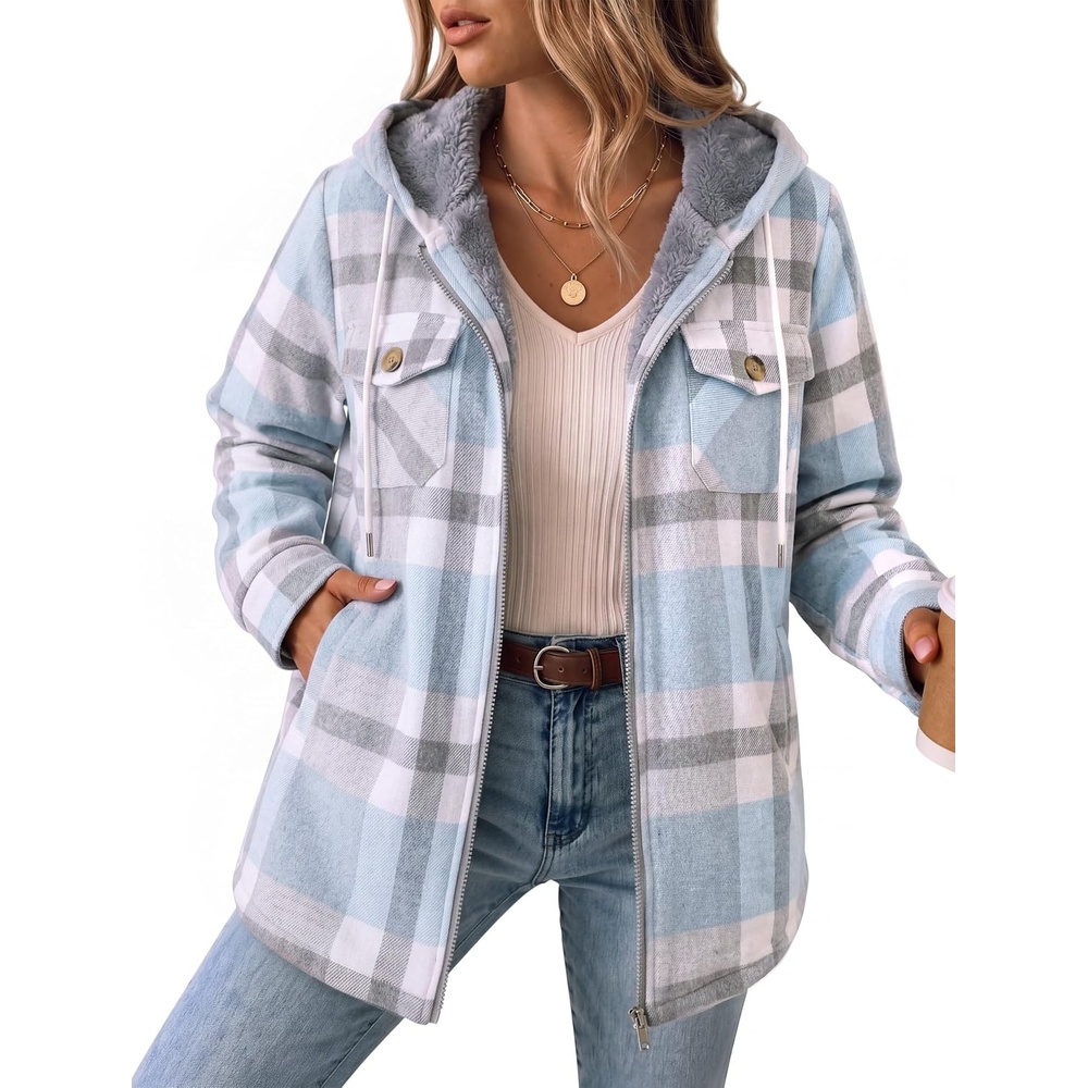 image:imageZeagoo Womens Flannel Jacket Plaid Fleece Lined Shacket Hooded Winter CoatsLight Blue Gw570