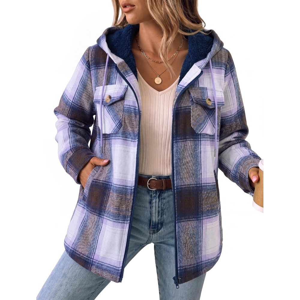 image:imageZeagoo Womens Flannel Jacket Plaid Fleece Lined Shacket Hooded Winter CoatsPurple Gw579