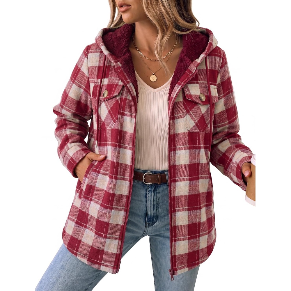 image:imageZeagoo Womens Flannel Jacket Plaid Fleece Lined Shacket Hooded Winter CoatsRed Gz851