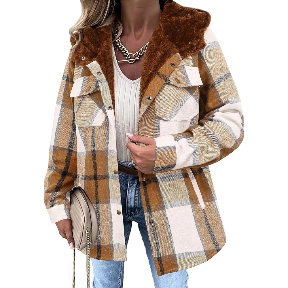 image:imageZeagoo Womens Flannel Plaid Jacket Fleece Lined Shacket Hooded Warm CoatBrown