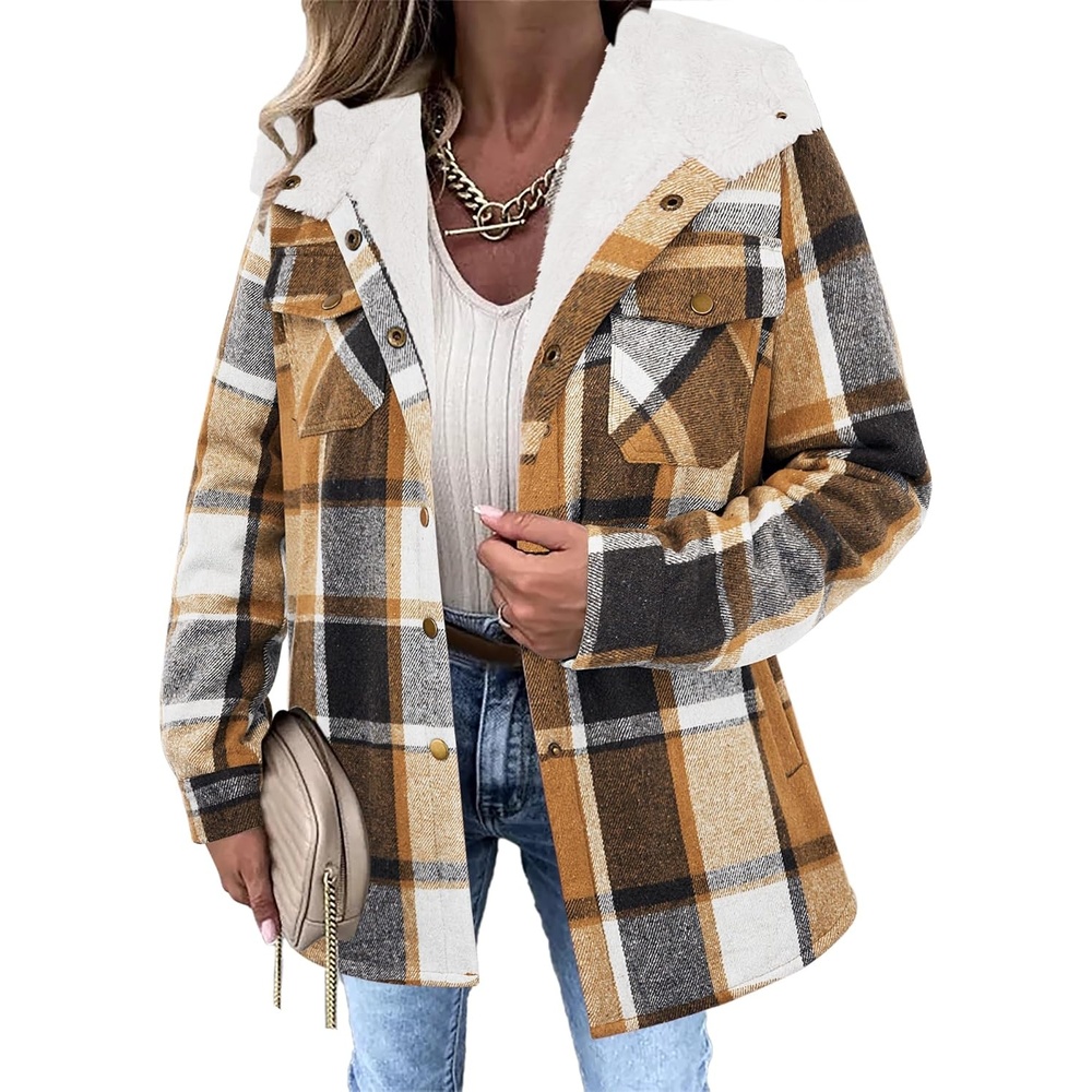 image:imageZeagoo Womens Flannel Plaid Jacket Fleece Lined Shacket Hooded Warm CoatBrown Plaid