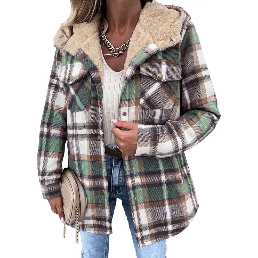 image:imageZeagoo Womens Flannel Plaid Jacket Fleece Lined Shacket Hooded Warm CoatGreengw552