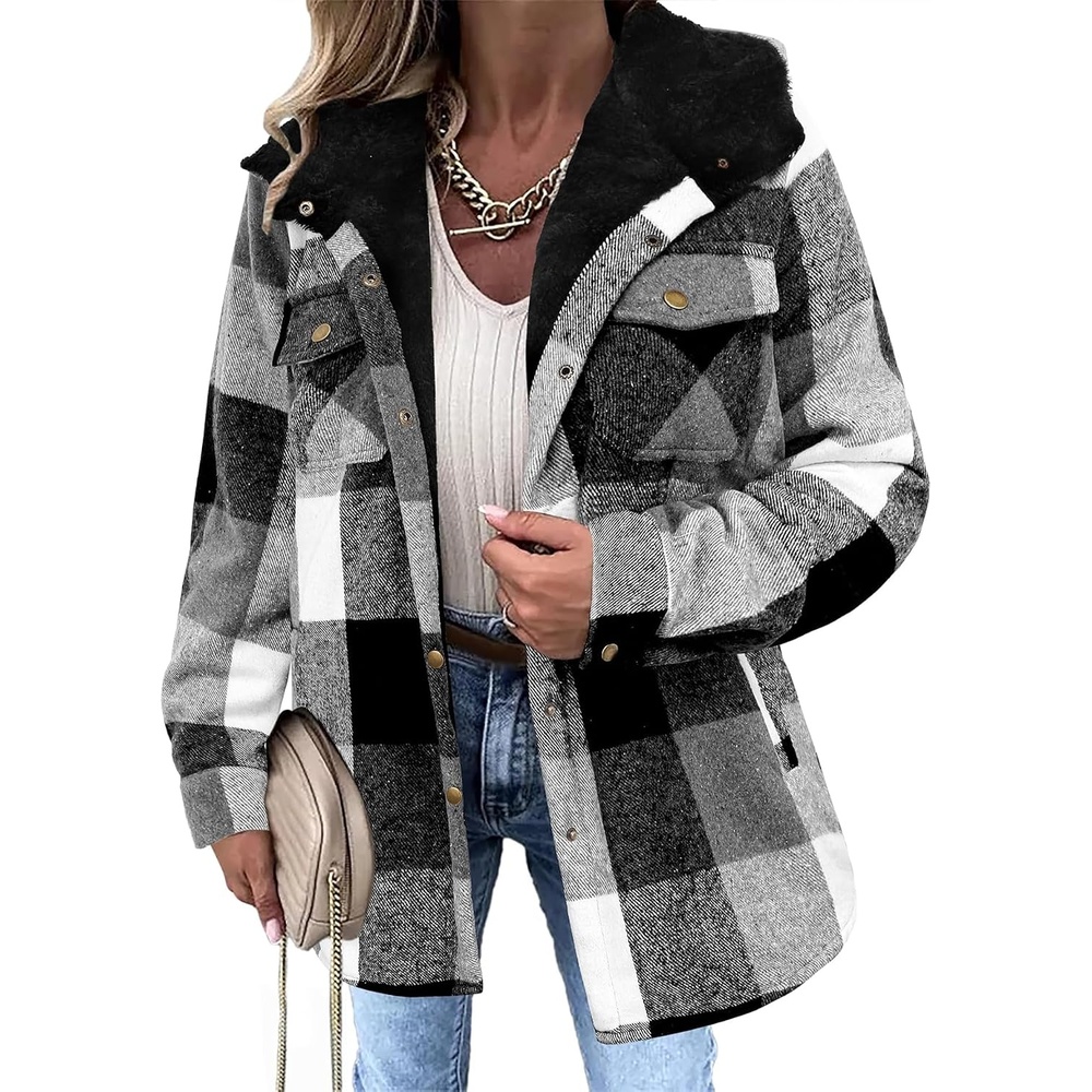image:imageZeagoo Womens Flannel Plaid Jacket Fleece Lined Shacket Hooded Warm CoatGrey Black