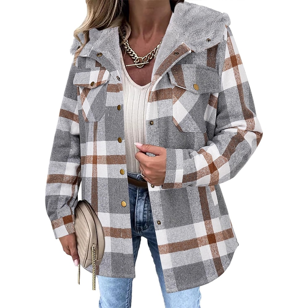 image:imageZeagoo Womens Flannel Plaid Jacket Fleece Lined Shacket Hooded Warm CoatGrey Plaid