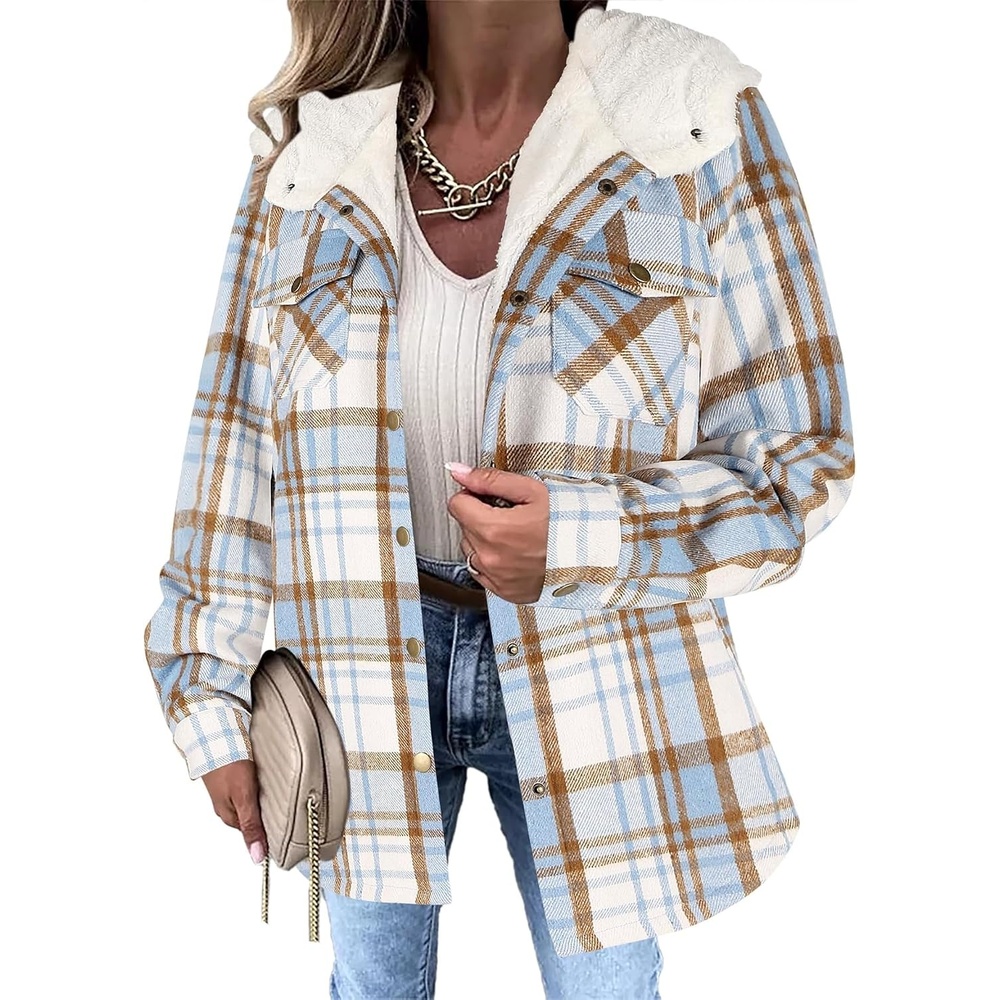 image:imageZeagoo Womens Flannel Plaid Jacket Fleece Lined Shacket Hooded Warm CoatLight Blue