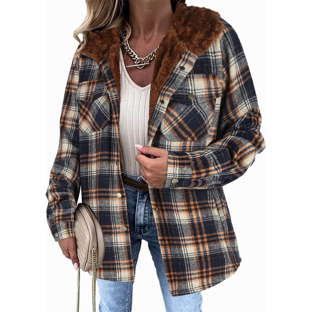 image:imageZeagoo Womens Flannel Plaid Jacket Fleece Lined Shacket Hooded Warm CoatNavy Blue