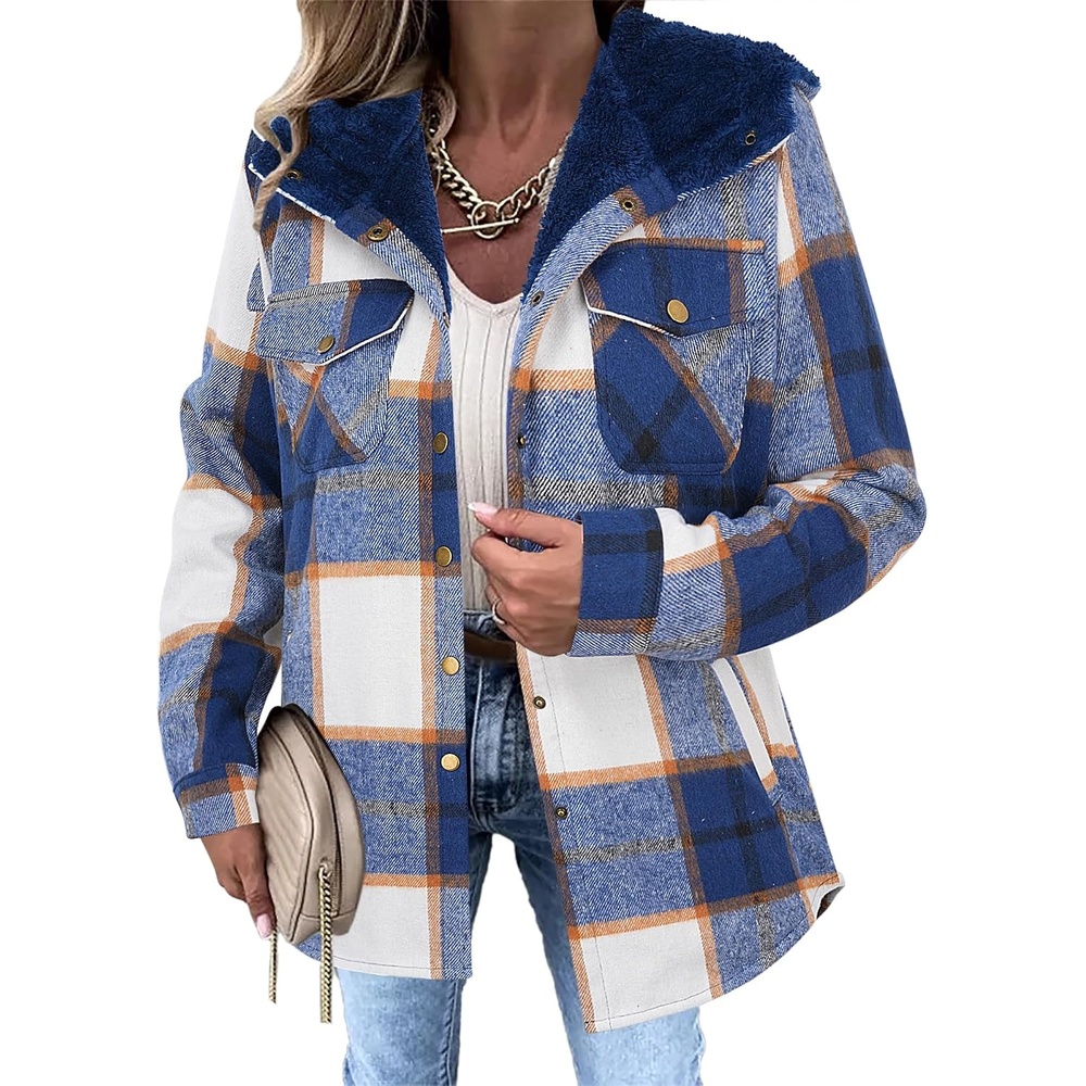 image:imageZeagoo Womens Flannel Plaid Jacket Fleece Lined Shacket Hooded Warm CoatNavy Blue Plaid