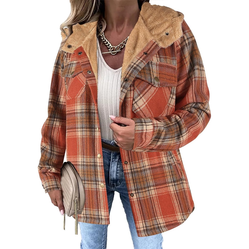 image:imageZeagoo Womens Flannel Plaid Jacket Fleece Lined Shacket Hooded Warm CoatOrange