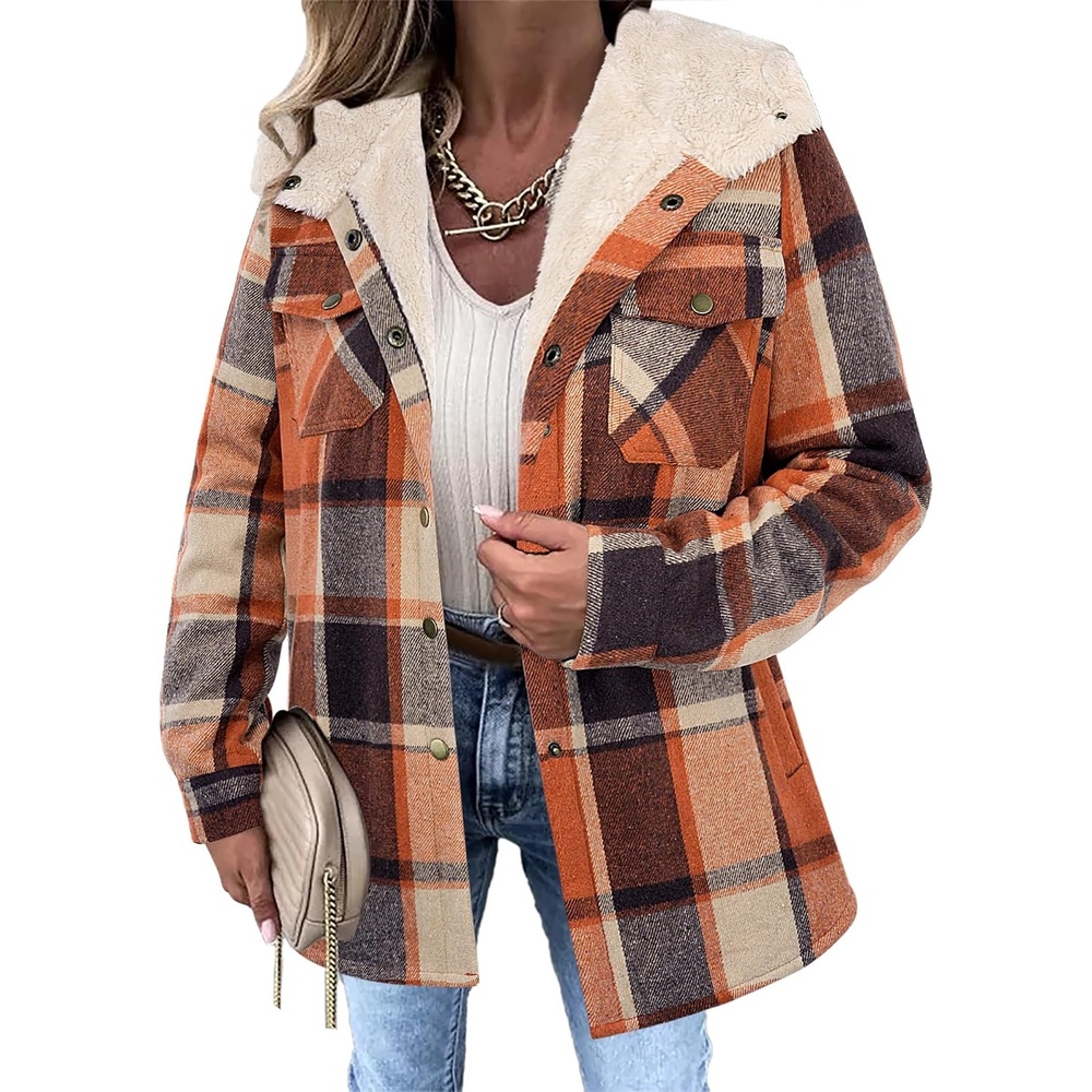 image:imageZeagoo Womens Flannel Plaid Jacket Fleece Lined Shacket Hooded Warm CoatOrange Plaid