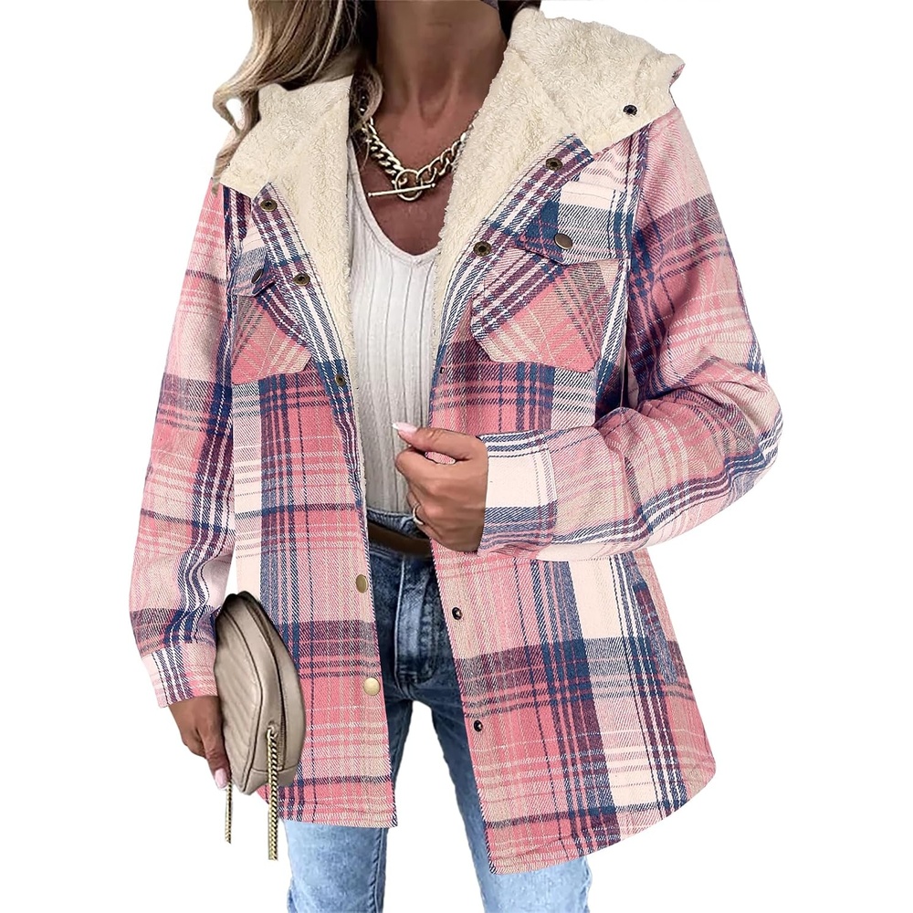 image:imageZeagoo Womens Flannel Plaid Jacket Fleece Lined Shacket Hooded Warm CoatPink
