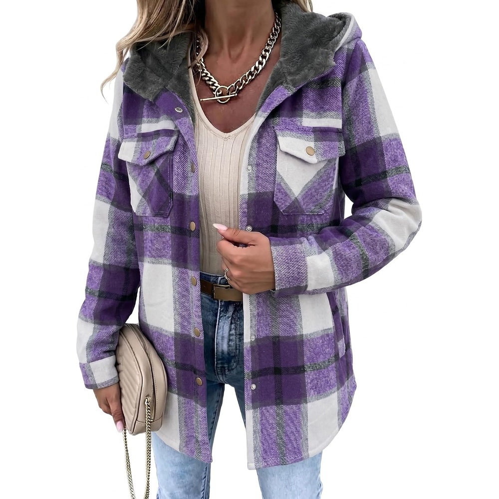 image:imageZeagoo Womens Flannel Plaid Jacket Fleece Lined Shacket Hooded Warm CoatPurple Plaid