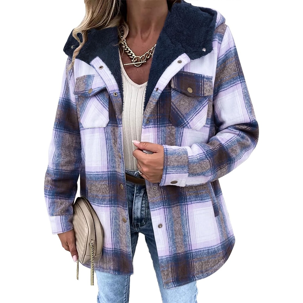 image:imageZeagoo Womens Flannel Plaid Jacket Fleece Lined Shacket Hooded Warm CoatPurplegw579