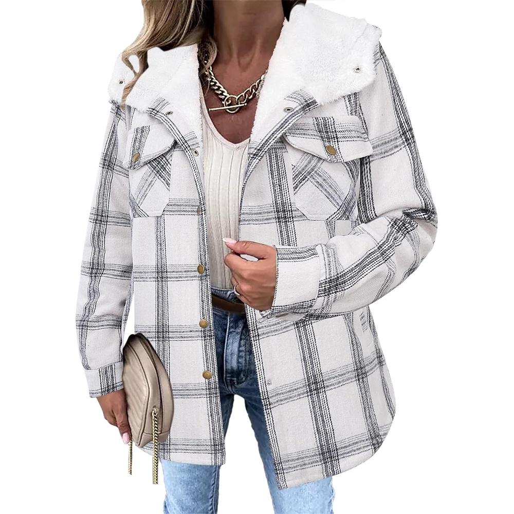 image:imageZeagoo Womens Flannel Plaid Jacket Fleece Lined Shacket Hooded Warm CoatWhite Plaid