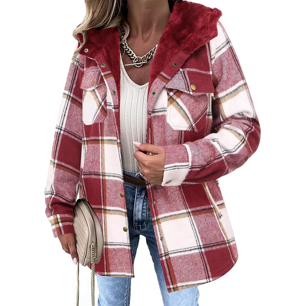 image:imageZeagoo Womens Flannel Plaid Jacket Fleece Lined Shacket Hooded Warm CoatWine Red
