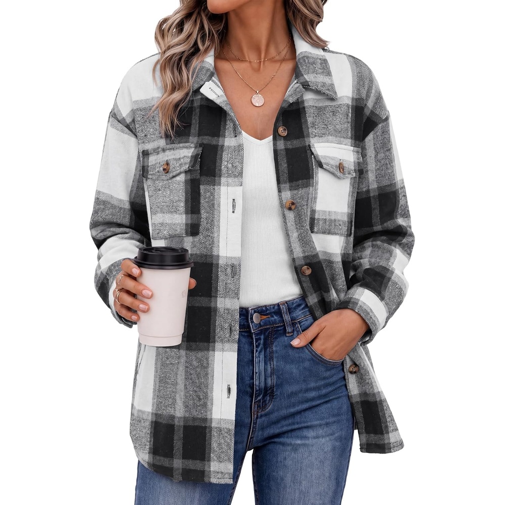 image:imageZeagoo Womens Flannel Plaid Shacket Long Sleeve Button Down Jacket S2XLAgray