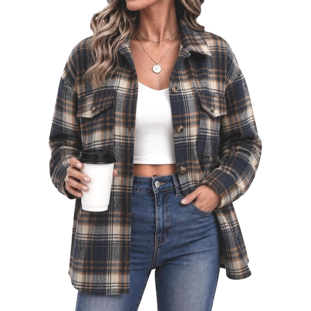 image:imageZeagoo Womens Flannel Plaid Shacket Long Sleeve Button Down Jacket S2XLAnavy Blue