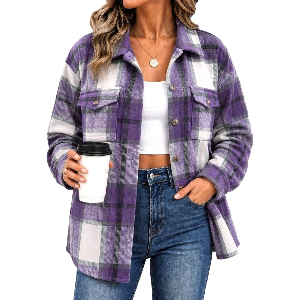 image:imageZeagoo Womens Flannel Plaid Shacket Long Sleeve Button Down Jacket S2XLPurple
